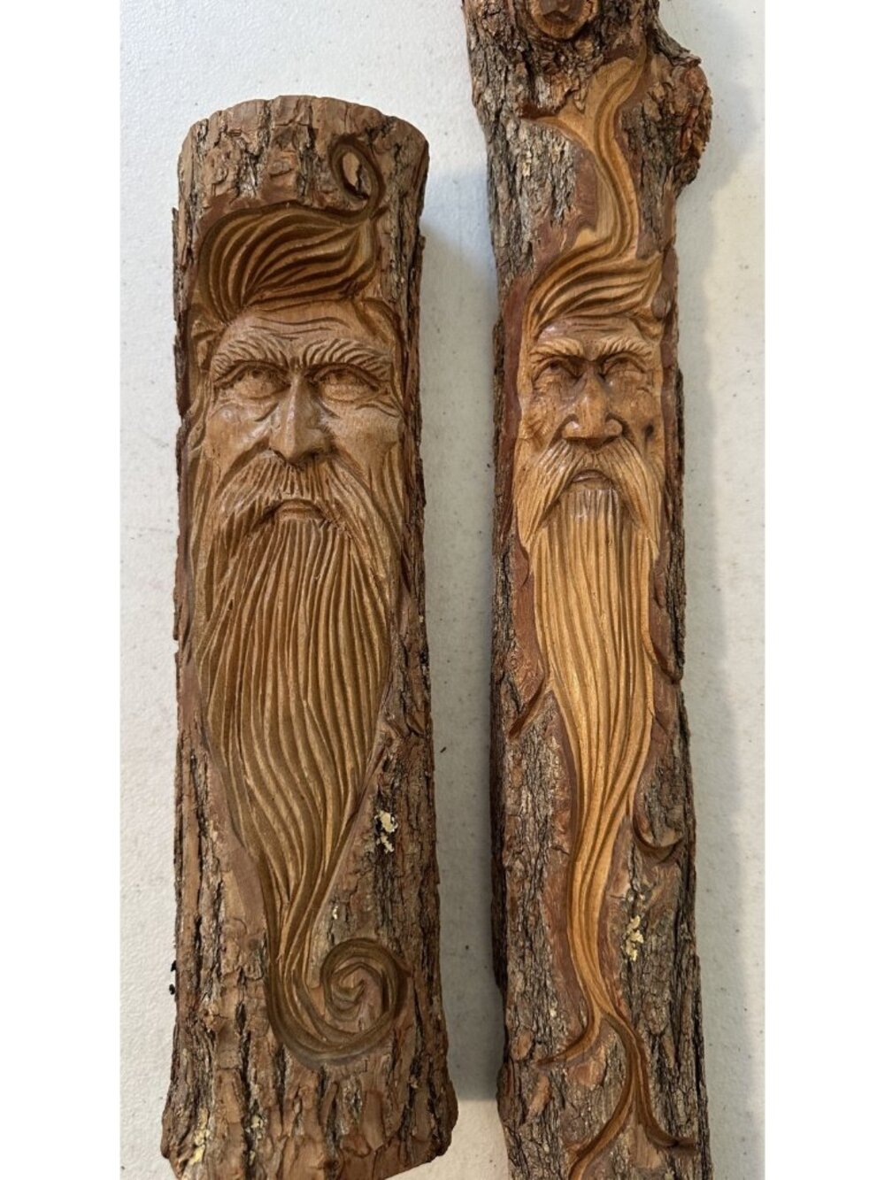 hand carved wood wizard old man beard SIGNED 2 branch tree oak? wall art wooden